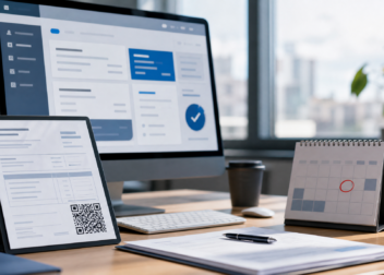 Escena editorial sobre facturación electrónica, con pantalla de comprobantes digitales, calendario y código QR sin texto legible.