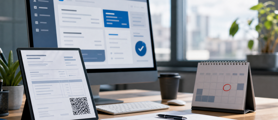 Escena editorial sobre facturación electrónica, con pantalla de comprobantes digitales, calendario y código QR sin texto legible.