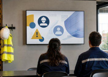 Cartelera digital de seguridad laboral en un espacio de trabajo, sin texto legible