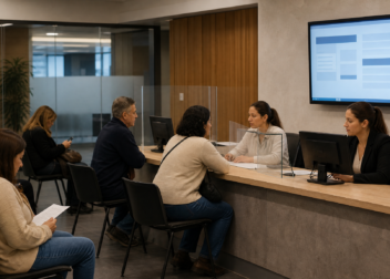 Punto de atención administrativa en un ámbito laboral, con registro digital abstracto y personas no identificables.