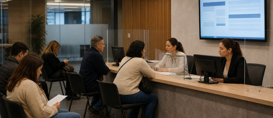 Punto de atención administrativa en un ámbito laboral, con registro digital abstracto y personas no identificables.