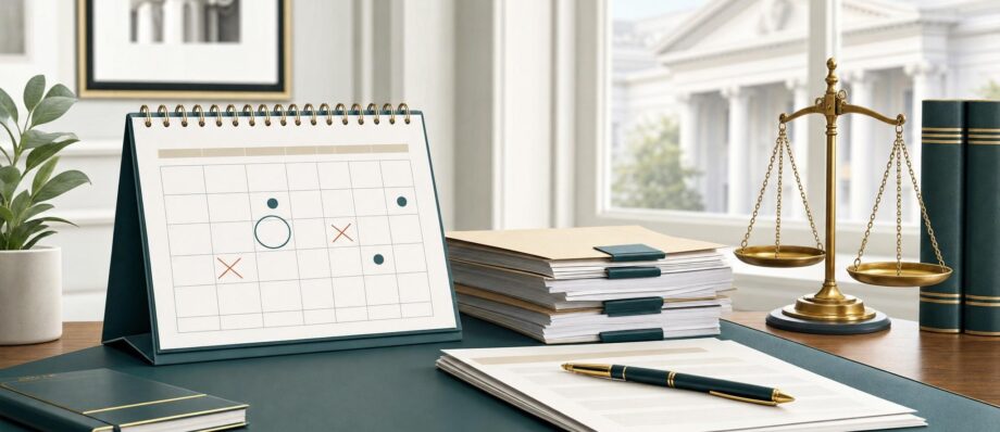 Calendario con fechas marcadas, documentos legales y balanza de justicia