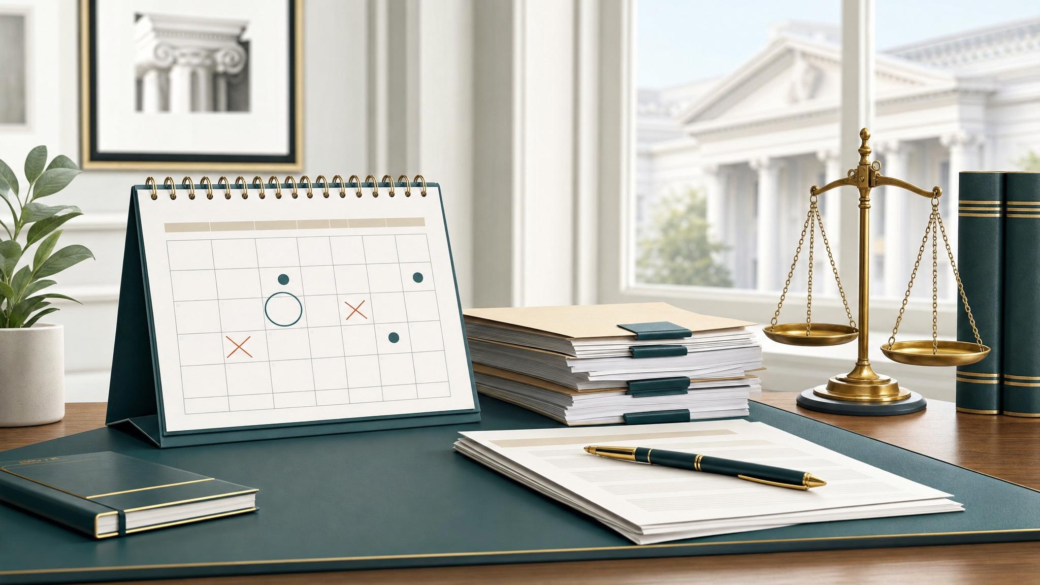 Calendario con fechas marcadas, documentos legales y balanza de justicia