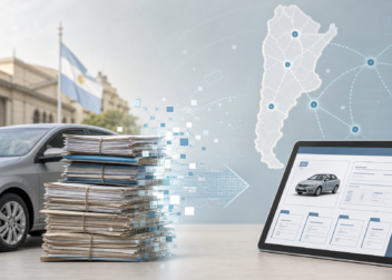 Ilustración editorial sobre la digitalización del Registro Automotor y la transformación de legajos físicos en registros digitales