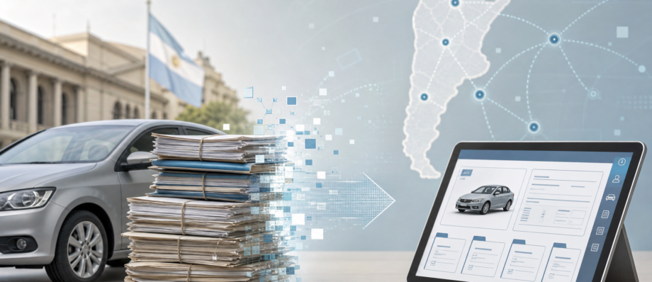 Ilustración editorial sobre la digitalización del Registro Automotor y la transformación de legajos físicos en registros digitales